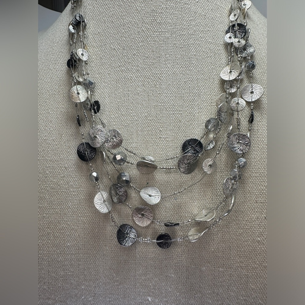 Chico’s Vintage Bead, Silvertone Disk‎ and Rhinestone Multi-strand Necklace